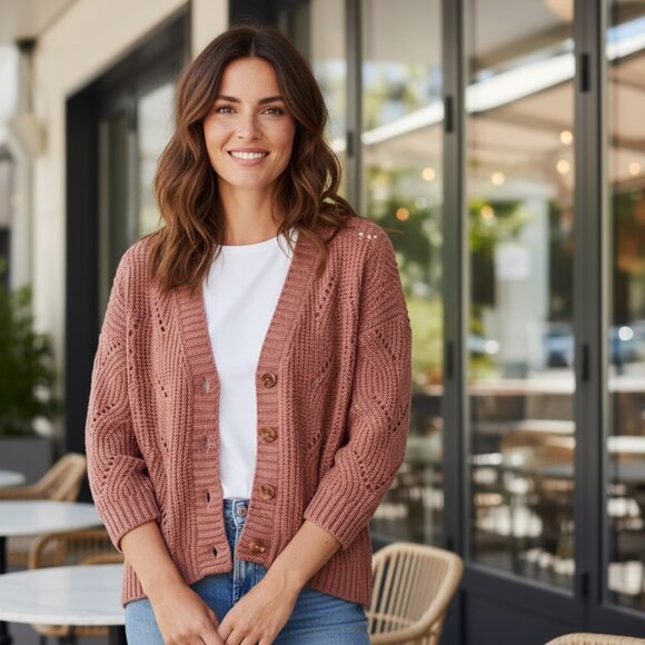 Bartolini Italy Rose Pink Alpaca Blend Crochet Knit Cardigan Sweater Size Small - Picture 1 of 6